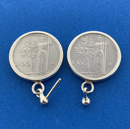 Stunning Sterling Silver 925 Italian Republic 1992 Coin Stud Dangle Earrings