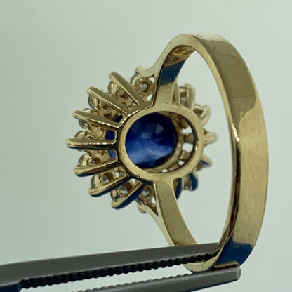 Designer 14K Yellow Gold Sapphire Diamond Halo September Anniversary Ring