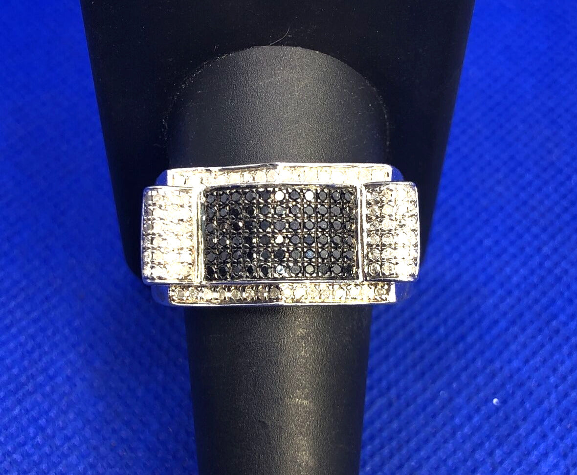 Designer 925 Sterling Silver Black White Pave Diamond Unisex Modernist Dome Ring