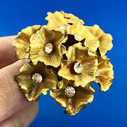 Vintage Gold Tone 3D Rhinestone Floral Cluster Statement Runway Clip Earrings