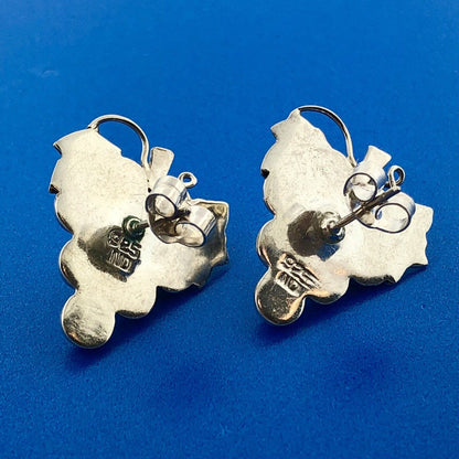 Vintage Brass Sterling Silver Grape Cluster Leaf Vine Statement Stud Earrings