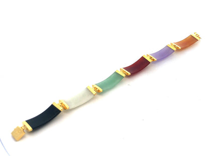 Estate 14K Yellow Gold Multi Gemstone Panel Chinese Good Luck Fortune Bracelet