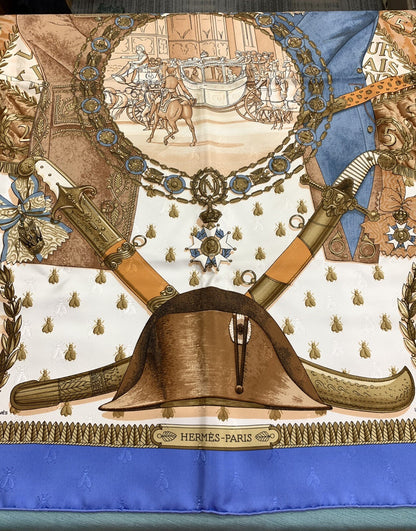 Hermes Carre 90 100% Silk Twill Napoleon Periwinkle Insect Bee Neckerchief Scarf