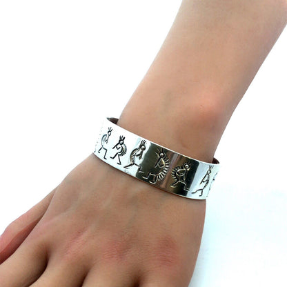 Native American 925 Sterling Silver Kokopelli Fertility Luck Open Cuff Bracelet