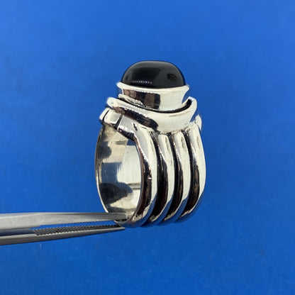 Designer 925 Sterling Silver Oval Black Onyx Cabochon Ribbed Statement Ring