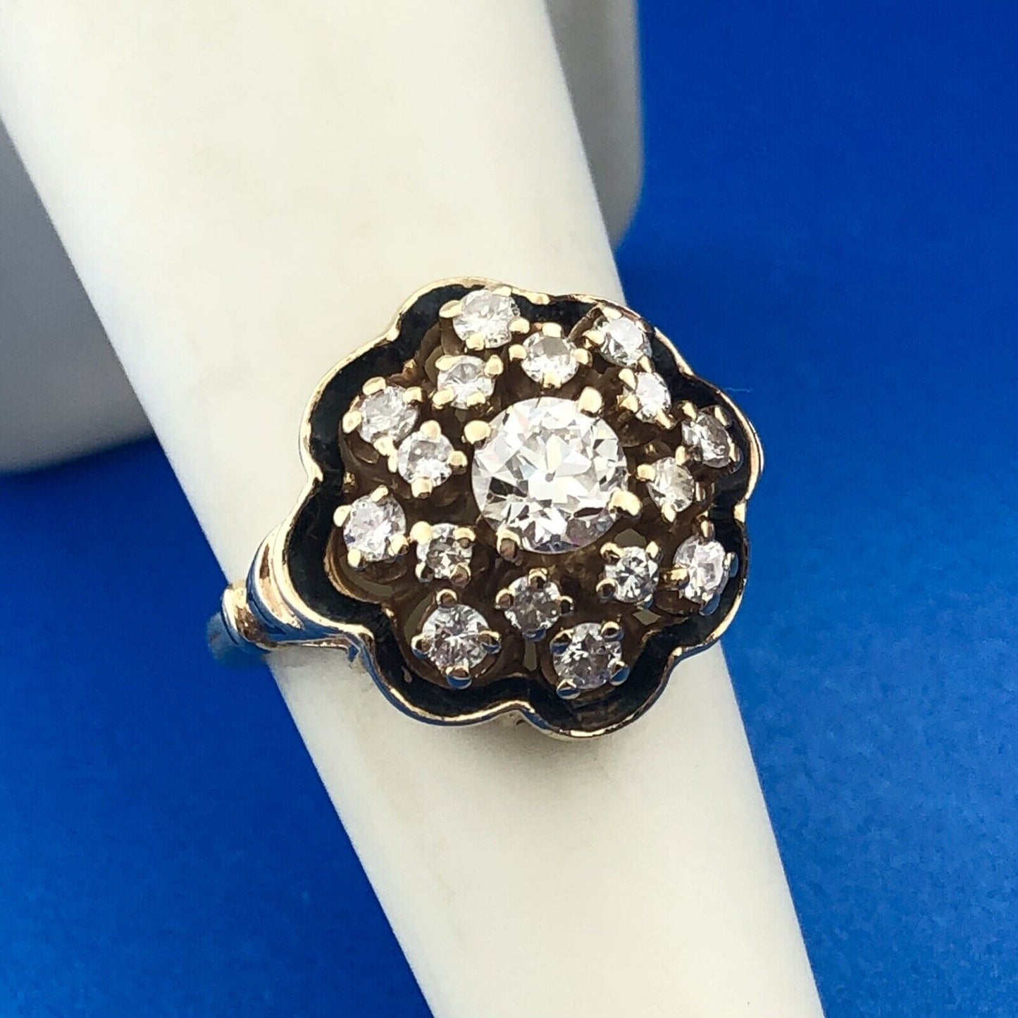 Gorgeous 14k Yellow Gold Diamond Black Enamel Georgian Cluster Ring Size 6.0