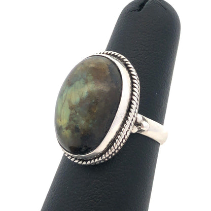 Vintage 925 Sterling Silver Oval Green Labradorite Cabochon Statement Ring