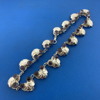 Mid Century 925 Sterling Silver Amethyst Grape Vine Statement Collar Necklace