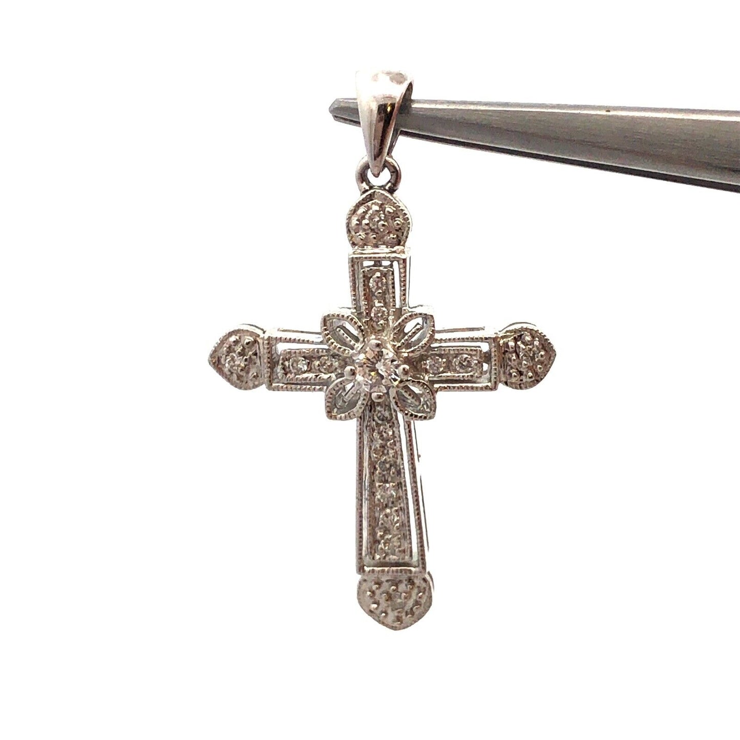 Designer 14K White Gold Diamond Encrusted Floral Religious Cross Pendant