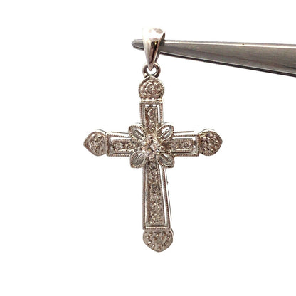 Designer 14K White Gold Diamond Encrusted Floral Religious Cross Pendant