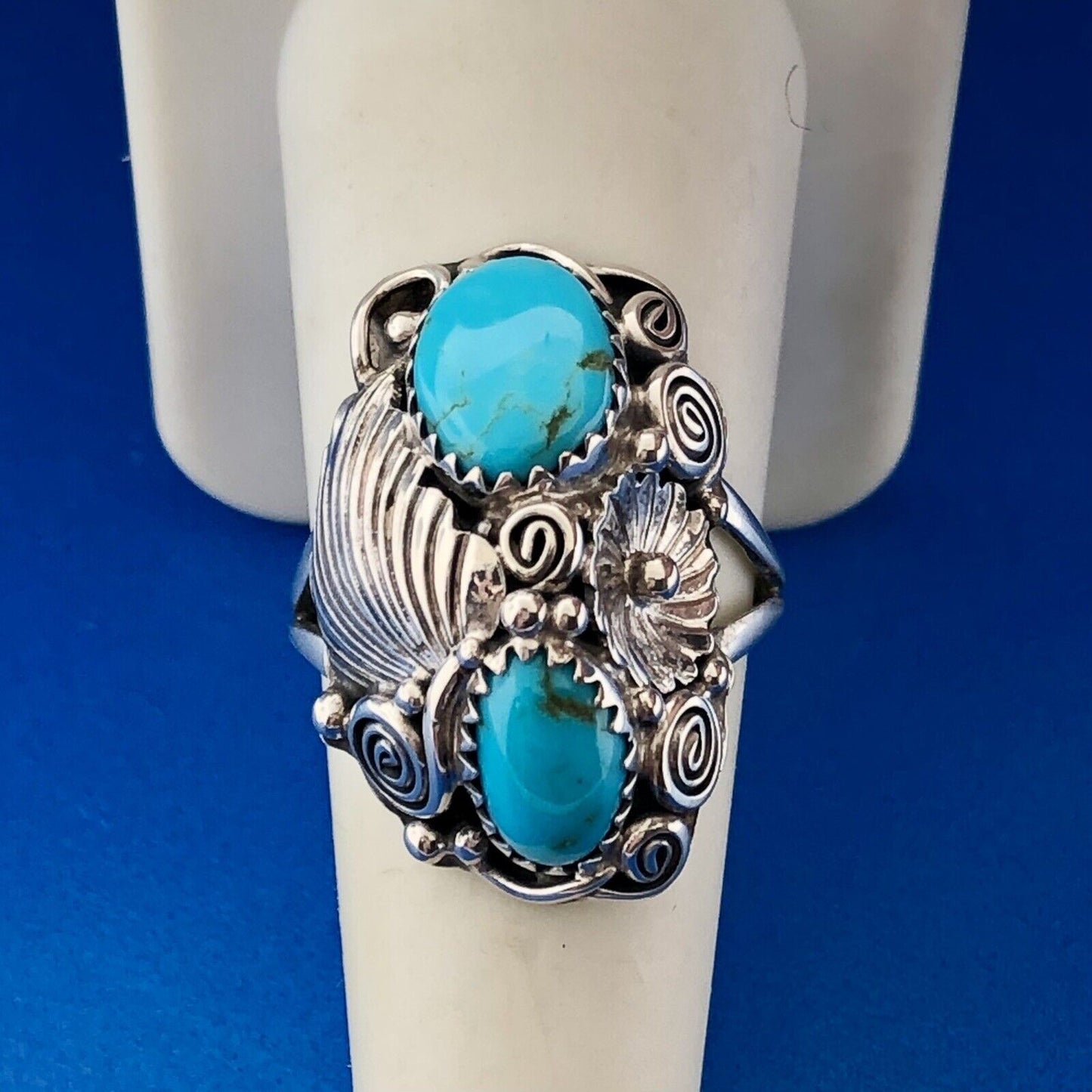 Stunning Sterling Silver 925 Cabochon Turquoise Spiral Floral Finger Ring Size 8