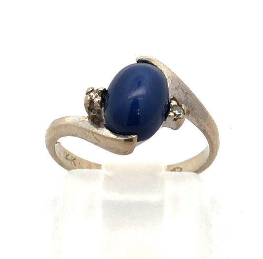 Designer 14K White Gold Oval Blue Star Sapphire Diamond Accent Bypass Ring