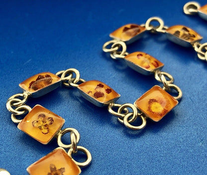 Vintage MWS Taxco Sterling Silver 925 Amber Encased Flower Bud Panel Bracelet