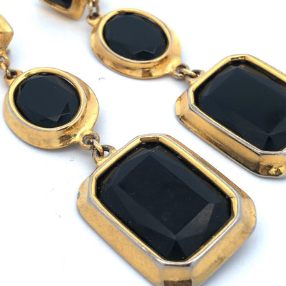 Vintage Runway Gold Tone Black Faceted Glass Statement Dangle Clip Earrings