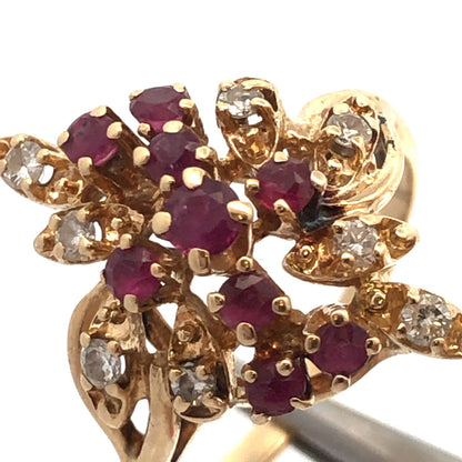 Vintage HJW 14K Yellow Gold Ruby Diamond Cluster Waterfall Cocktail Ring