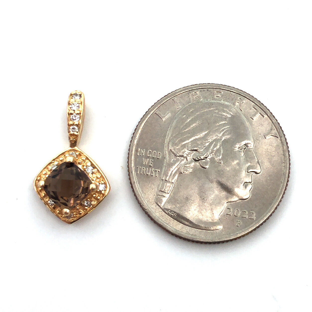 Designer  14K Yellow Gold Cushion Cut Smokey Quartz Diamond Accents Pendant