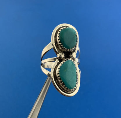 Stunning Sterling Silver 925 Cabochon Teal Twin Turquoise Finger Ring Size 7