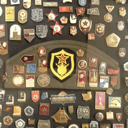 VINTAGE SOVIET UNION USSR RUSSIAN PIN COLLECTION WITH RUSSIAN MILITARY CAP