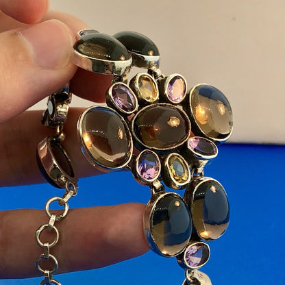 Vintage Sterling Silver 925 Topaz Amethyst Citrine Statement Anklet Or Bracelet