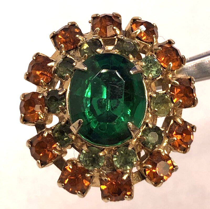 Vintage Gold-Tone Green & Orange Rhinestone Statement Clip Earrings Brooch Set