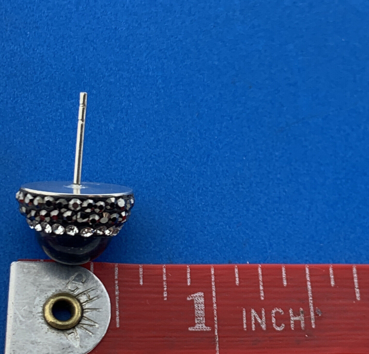 Retro Sterling Silver Lapis Lazuli Cubic Zirconia Marcasite Button Stud Earrings