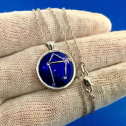 BGE Sterling Silver 925 Blue Enamel Cubic Zirconia LIBRA Constellation Necklace