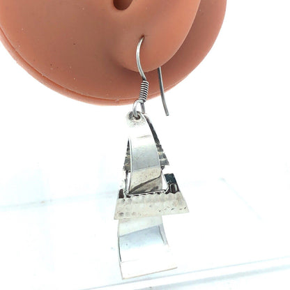 Taxco 925 Sterling Silver Hammered Polished Modernist Triangle Dangle Earrings