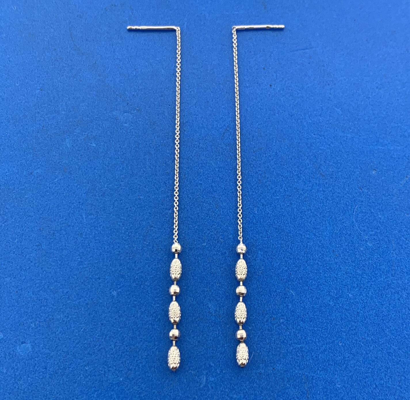 Italy 14K White Gold Chain Disco Textured Ball Statement Drop Earrings