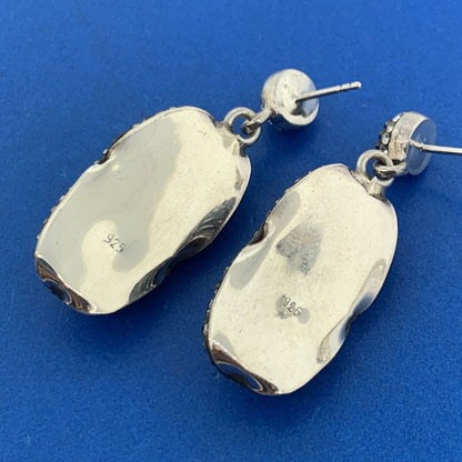 Art Deco 925 Sterling Silver Carnelian Crystal Marcasite Drop Dangle Earrings