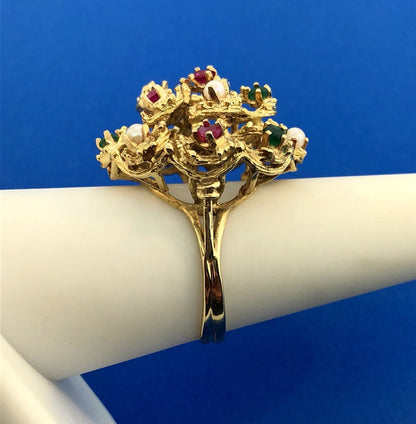 Vintage 18K Yellow Gold Ruby Emerald Pearl Christmas Tiered Dome Cocktail Ring