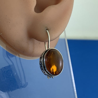 925 Sterling Silver Oval Amber Cabochon Balinese Style Drop Hook Earrings