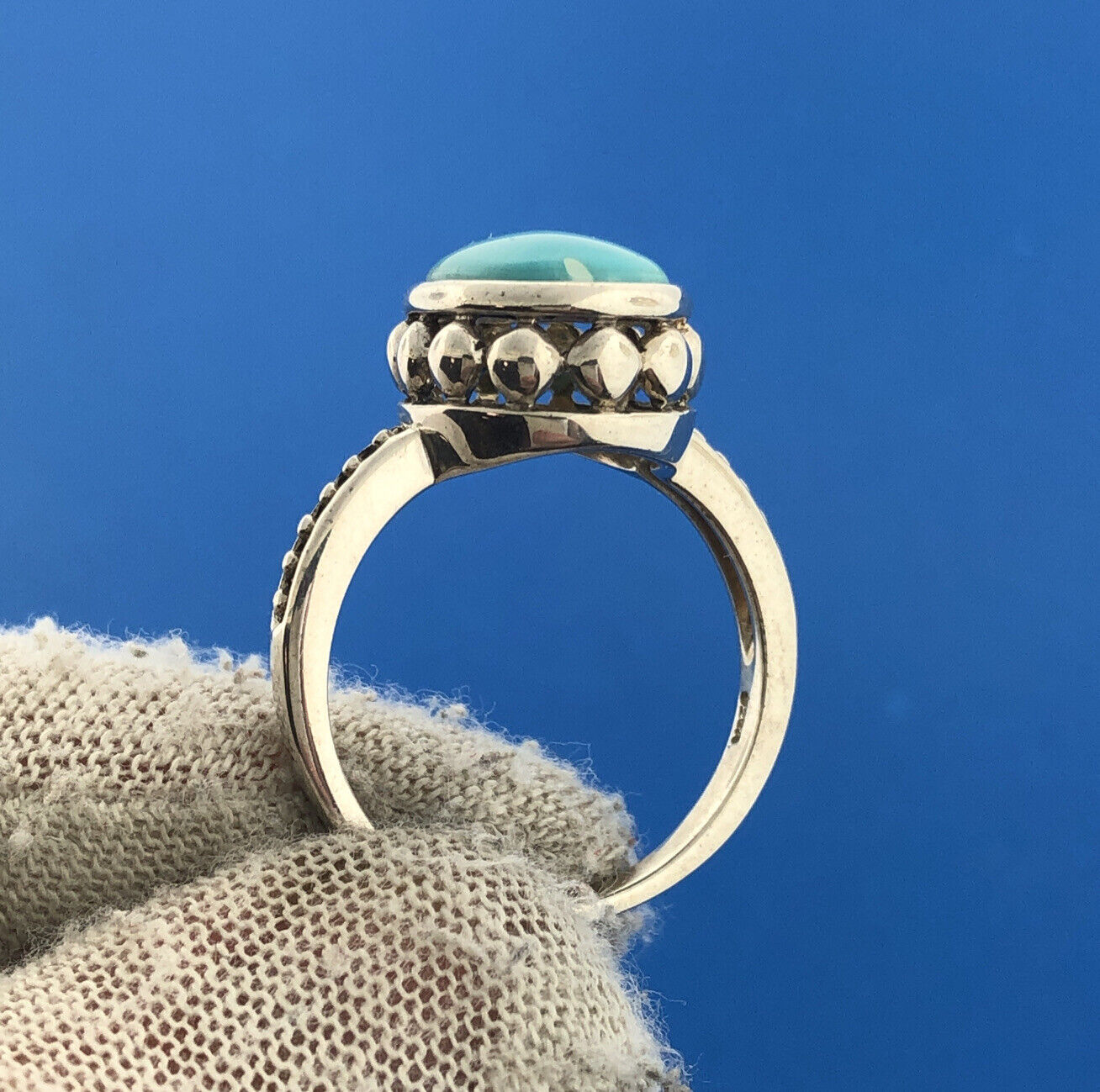 Designer China Sterling Silver Oval Sleeping Beauty Turquoise Cocktail Ring