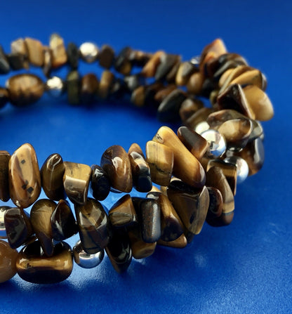 Sterling Silver Tigers Eye Bead Protection Three Wrap Flex Bracelet