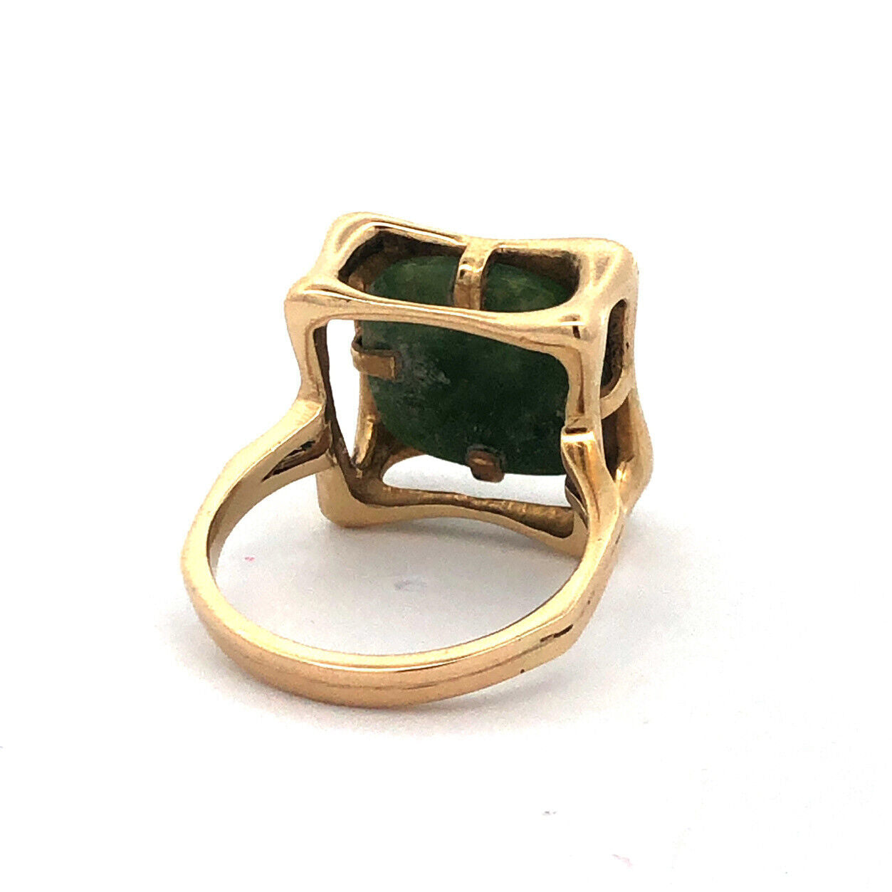 Designer 14K Yellow Gold Green Square Jade Diamond Modernist Statement Ring