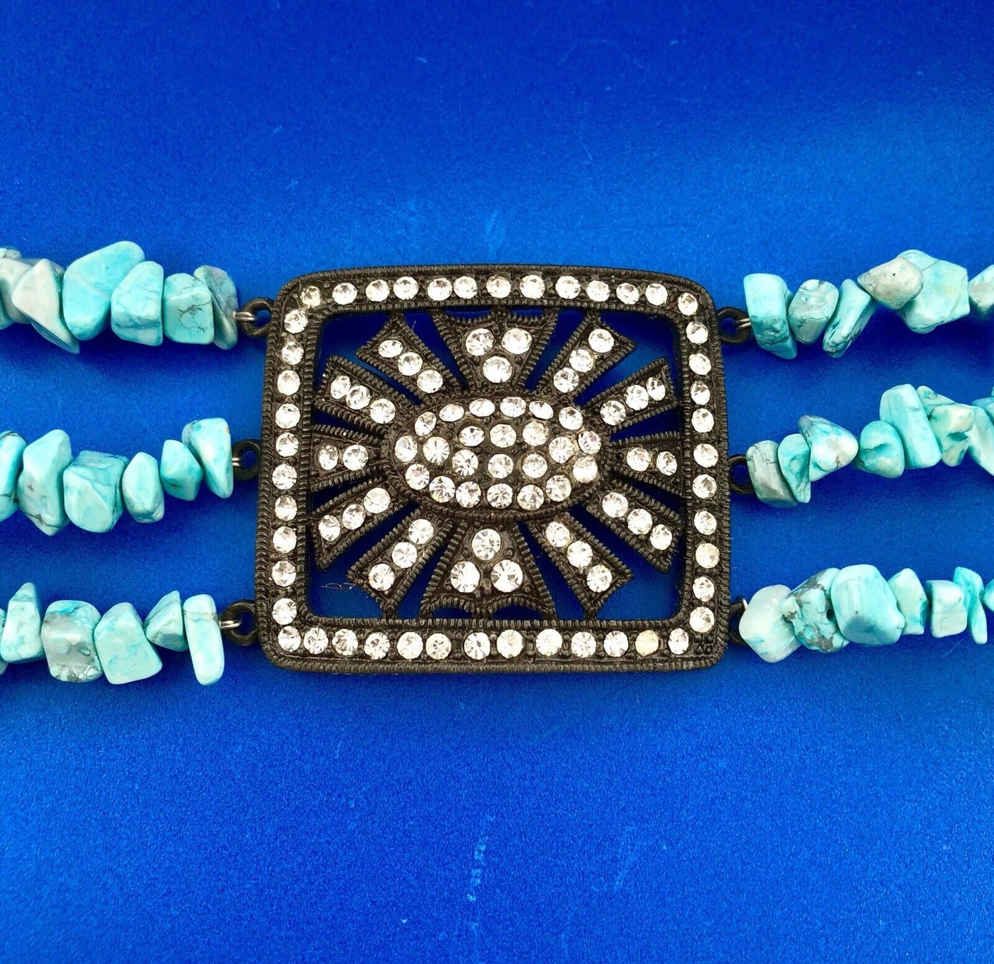 Dark Tone Metal Faux Turquoise Rhinestone Glass Three Strand Statement Bracelet