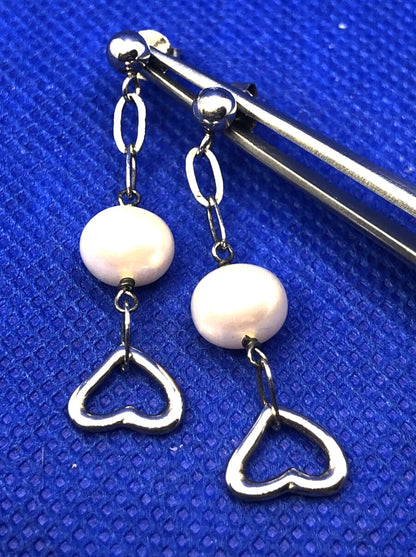 Pearl 925 Sterling Silver Heart Valentines Chain Dangle Stud Earrings