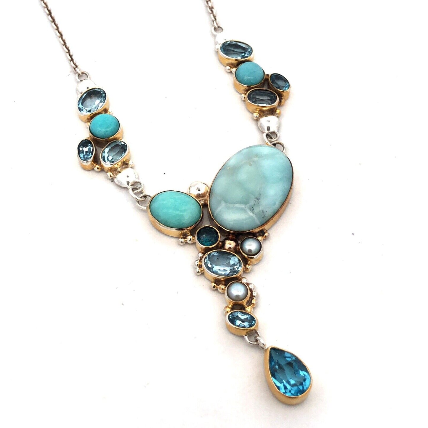 Designer Doug Paulus 925 Sterling Silver Blue Larimar Aquamarine Pearl  Necklace