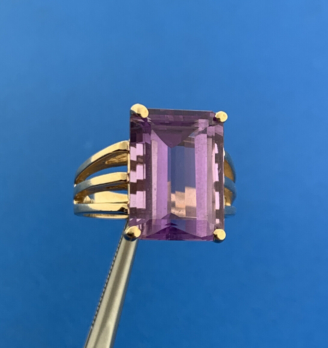 Designer CID 10k Yellow Gold Emerald Cut Purple Amethyst Regal Ring Size 6.75
