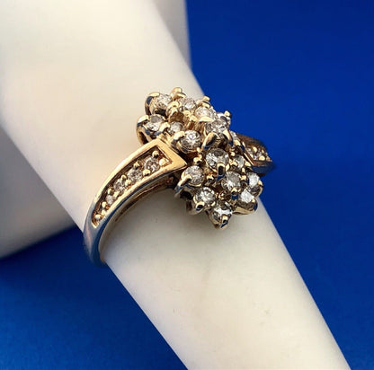 Vintage 14K Yellow Gold Diamond Waterfall Flower Cluster Statement Cocktail Ring