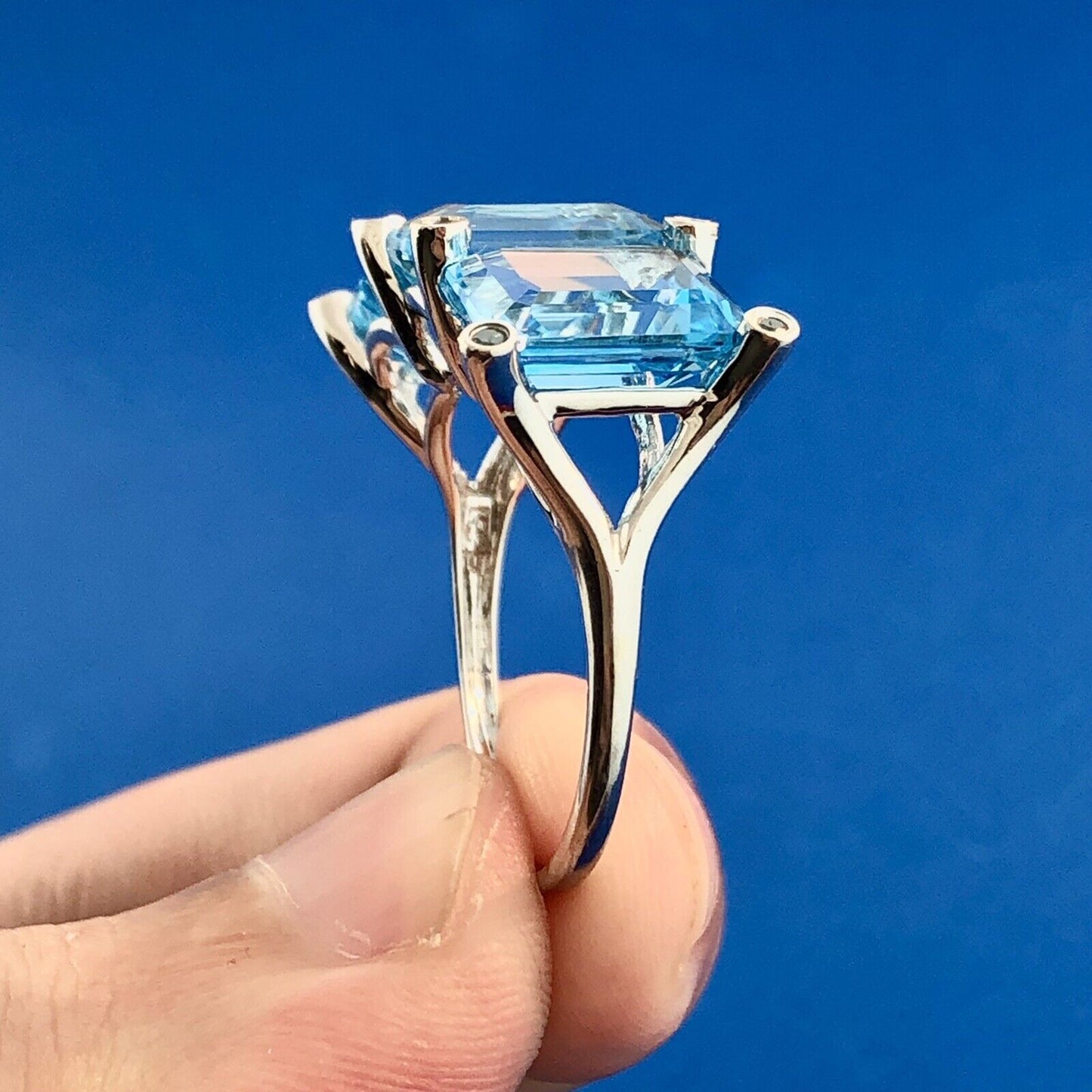 14K White Gold Emerald Cut Swiss Blue Topaz Blue Diamond Accent Size 8 Ring