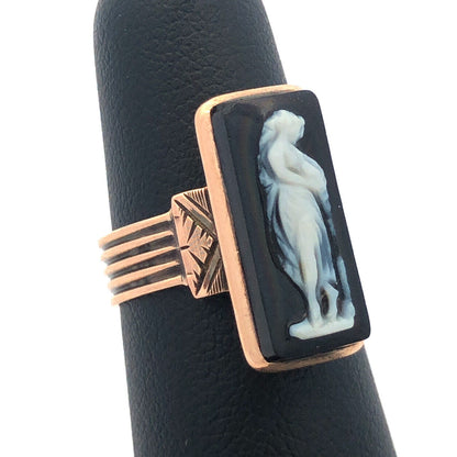 Vintage Estate 14k Yellow Gold Rectangle Onyx Cameo Statement Ring Size 5.75