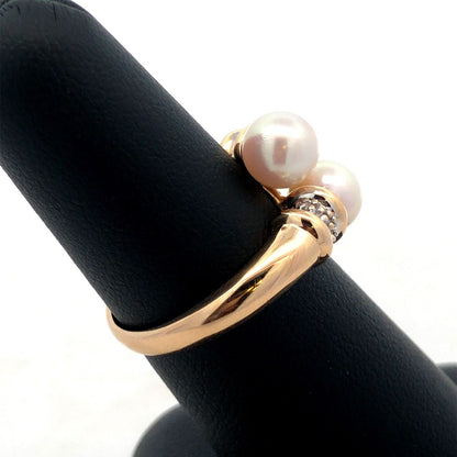 Designer AV 14K Yellow Gold Round Pearl Diamond Accent Statement Bypass Ring