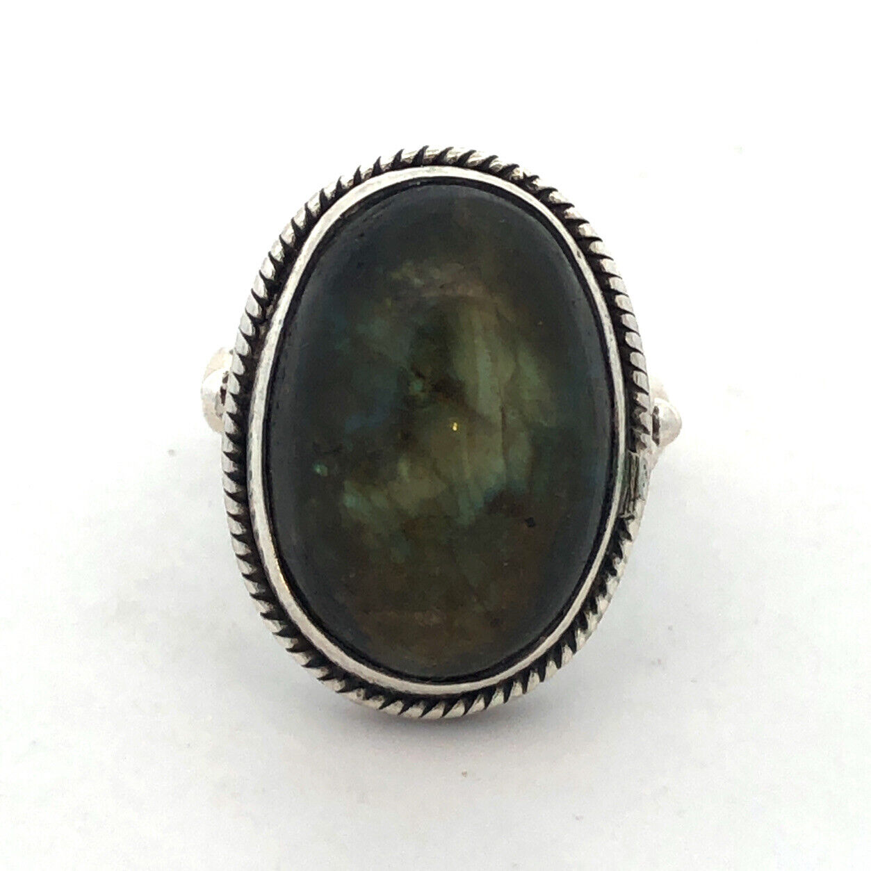 Vintage 925 Sterling Silver Oval Green Labradorite Cabochon Statement Ring