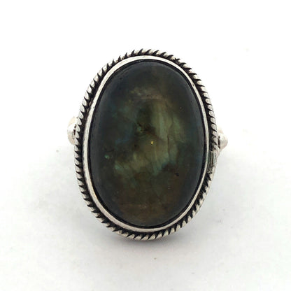 Vintage 925 Sterling Silver Oval Green Labradorite Cabochon Statement Ring
