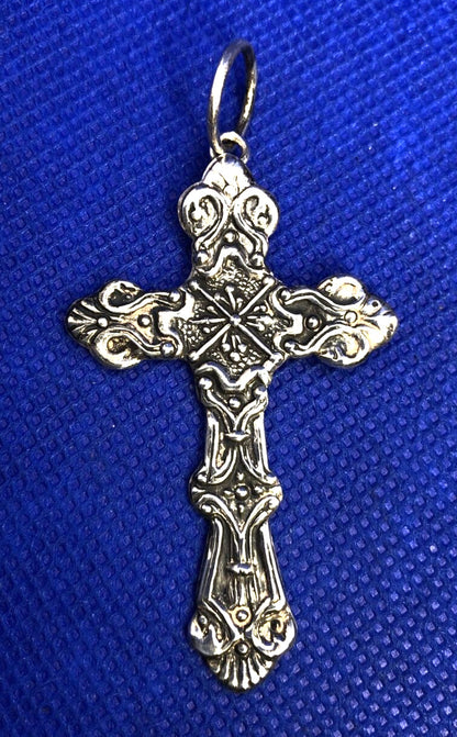 Vintage 925 Sterling Silver Religious Detailed Scroll Large Cross Pendant