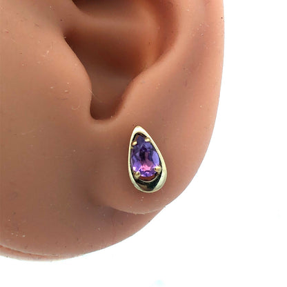 Vintage Stunning 10k Yellow Gold Pear Cut Amethyst Tear Drop Stud Earrings