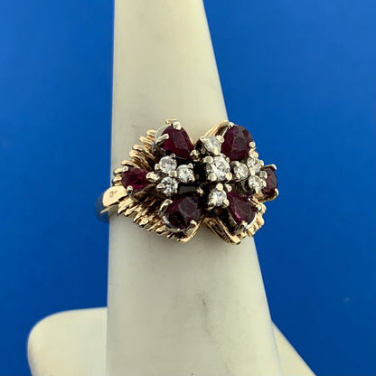 14K Yellow Gold Ruby Diamond Butterfly Cluster Statement Cocktail Ring