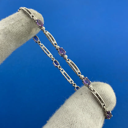 Designer Mexico 10K White Gold Oval Amethyst Diamond Accented Tennis Bracelet