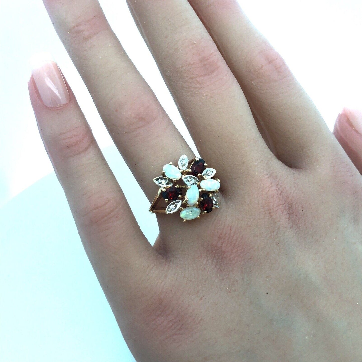 Vintage 14K Yellow Gold Opal Garnet Diamond Floral Cluster Anniversary Ring