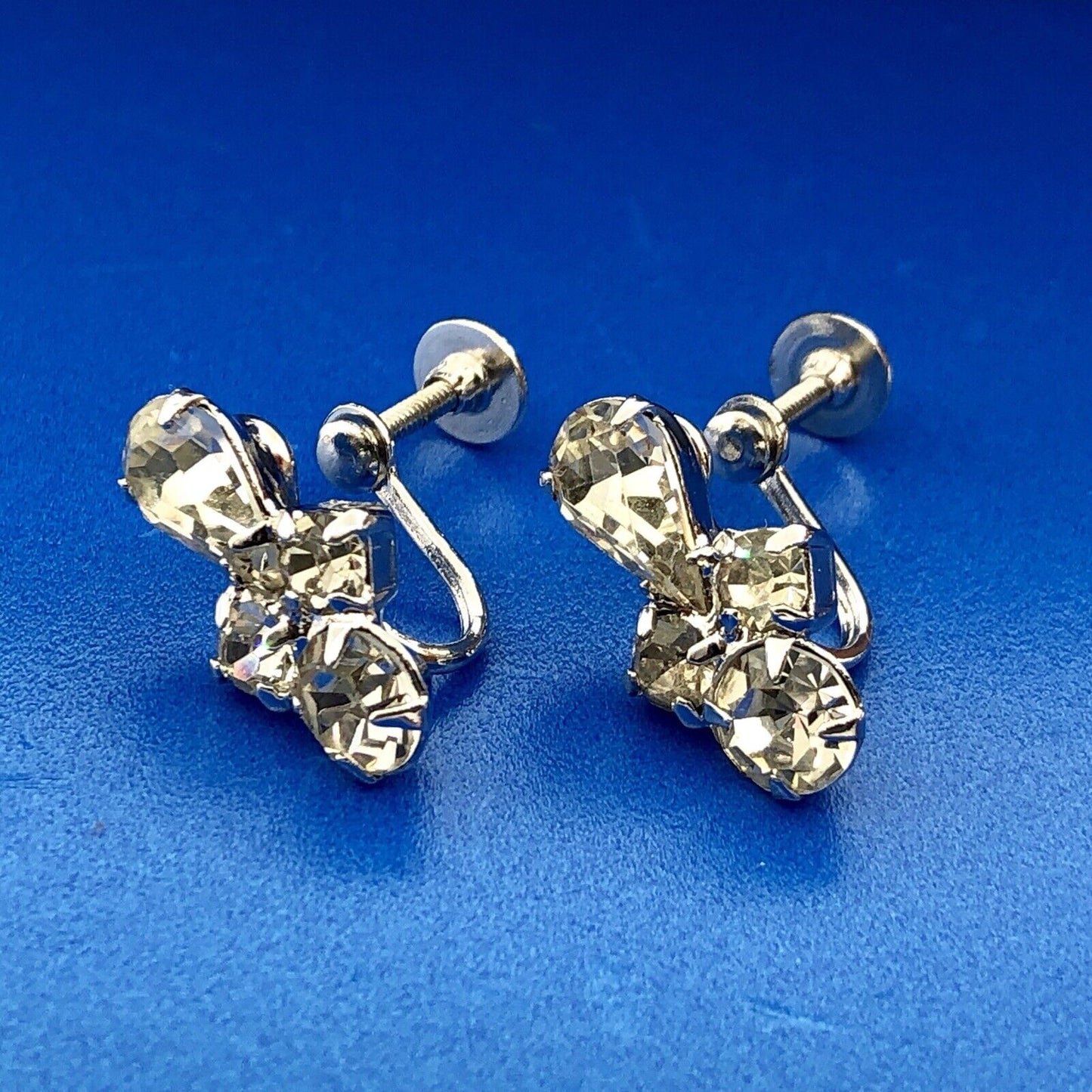 Estate Silver Tone Crystal Rhinestone Bridal Wedding Screw Back Earrings